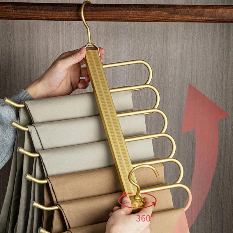 Matte Gold/Gray 6 in 1 Multi-Layer Pants Trouser Clothes Hanger │ Folding-function Scarf Storage Hanging Rack Organizer Hanger - Besontique Home