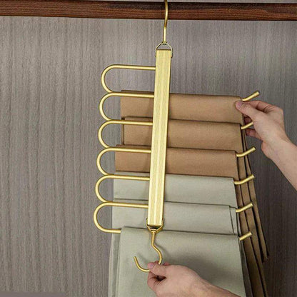 Matte Gold/Gray 6 in 1 Multi-Layer Pants Trouser Clothes Hanger │ Folding-function Scarf Storage Hanging Rack Organizer Hanger - Besontique Home