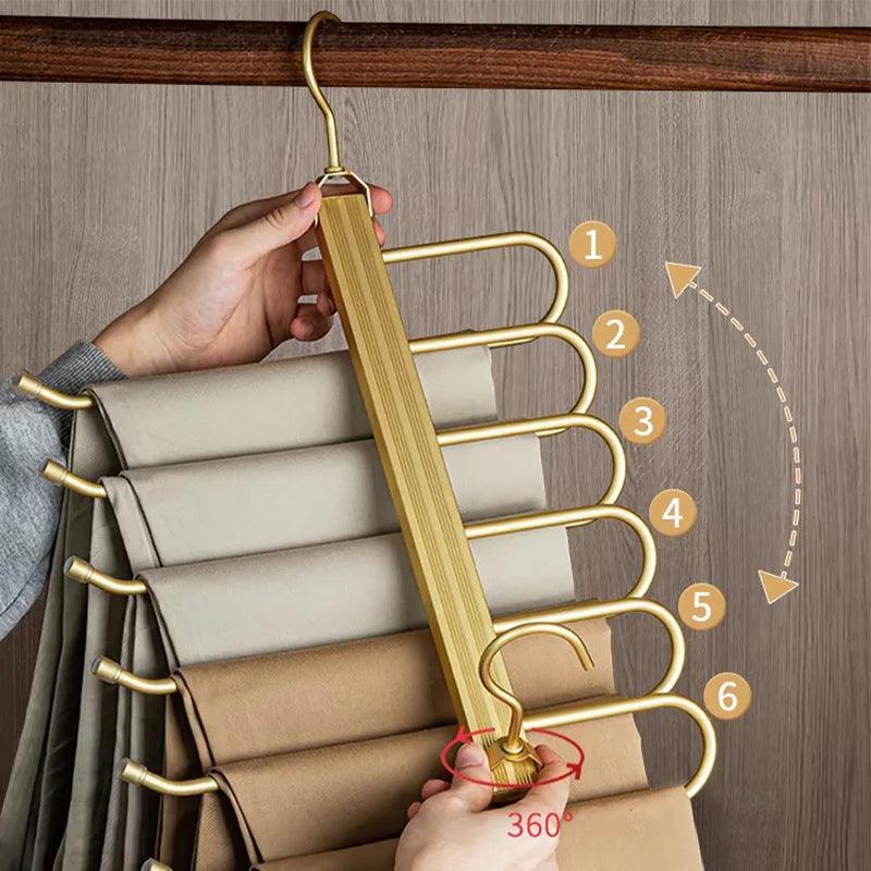 Matte Gold/Gray 6 in 1 Multi-Layer Pants Trouser Clothes Hanger │ Folding-function Scarf Storage Hanging Rack Organizer Hanger - Besontique Home