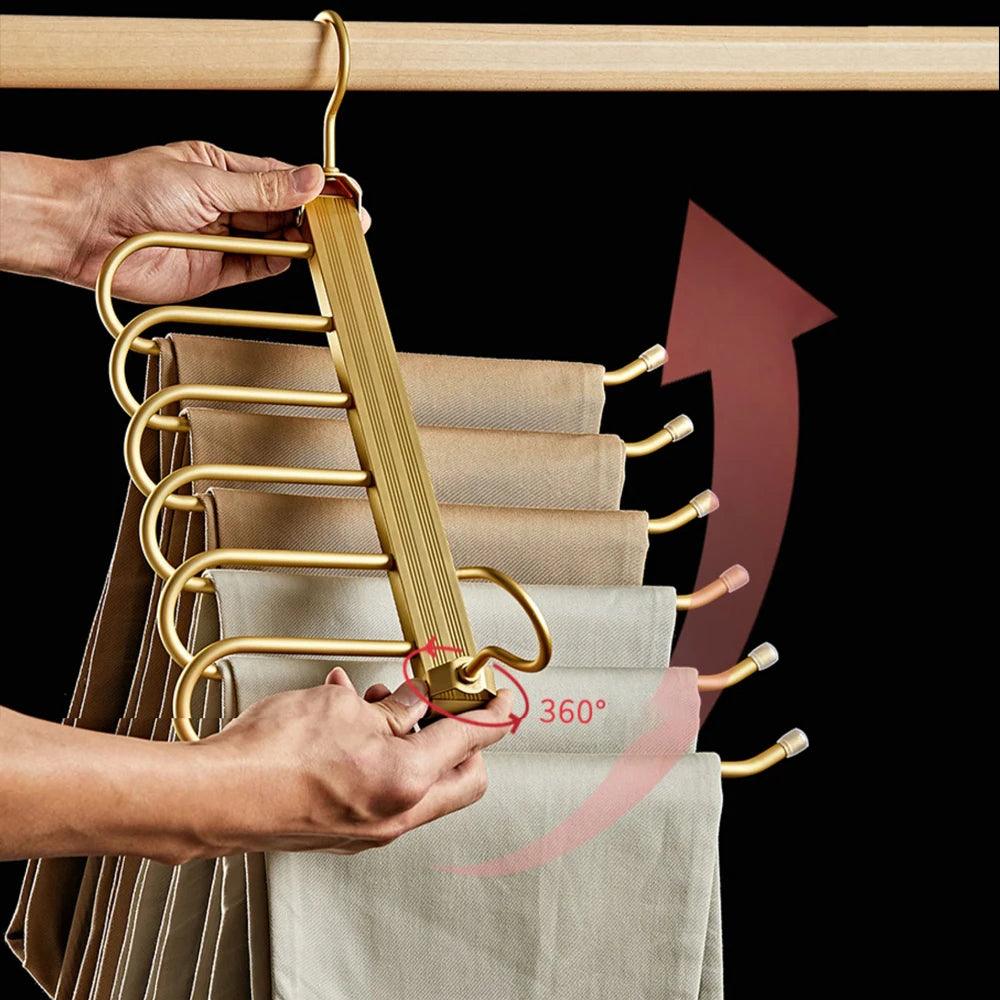 Matte Gold/Gray 6 in 1 Multi-Layer Pants Trouser Clothes Hanger │ Folding-function Scarf Storage Hanging Rack Organizer Hanger - Besontique Home