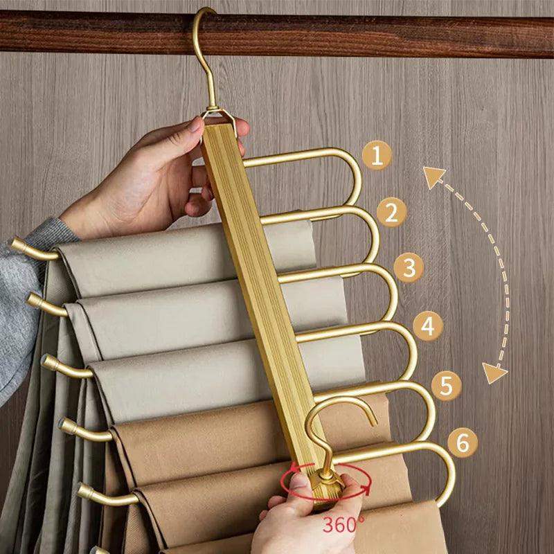 Matte Gold/Gray 6 in 1 Multi-Layer Pants Trouser Clothes Hanger │ Folding-function Scarf Storage Hanging Rack Organizer Hanger - Besontique Home
