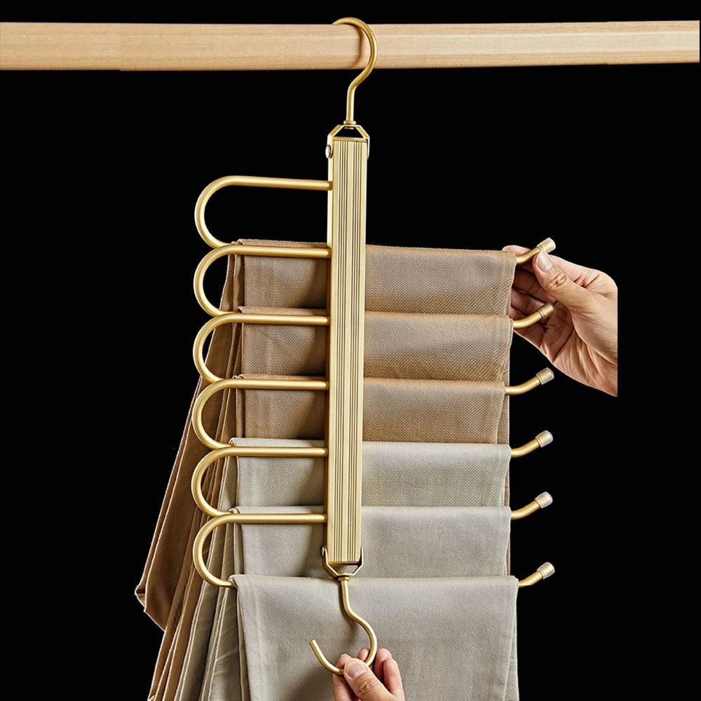 Matte Gold/Gray 6 in 1 Multi-Layer Pants Trouser Clothes Hanger │ Folding-function Scarf Storage Hanging Rack Organizer Hanger - Besontique Home
