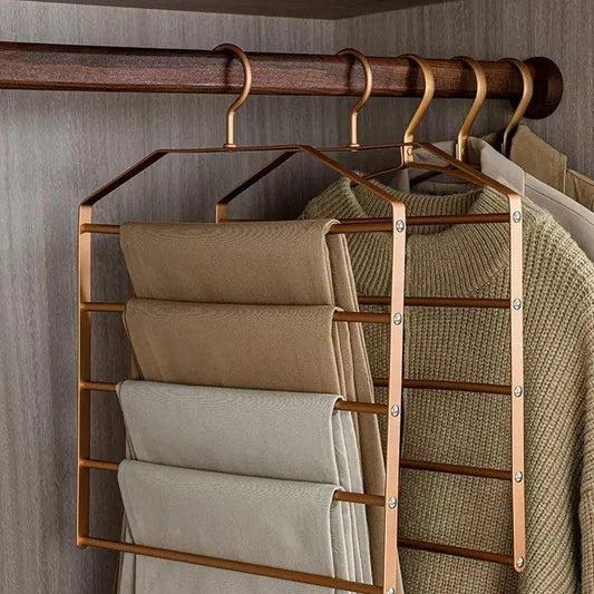 Matte Gold/Silver 5 in 1 Multi-Layer Pants Trouser Hanger │ Wardrobe Clothes Hanging Rack - Besontique Home