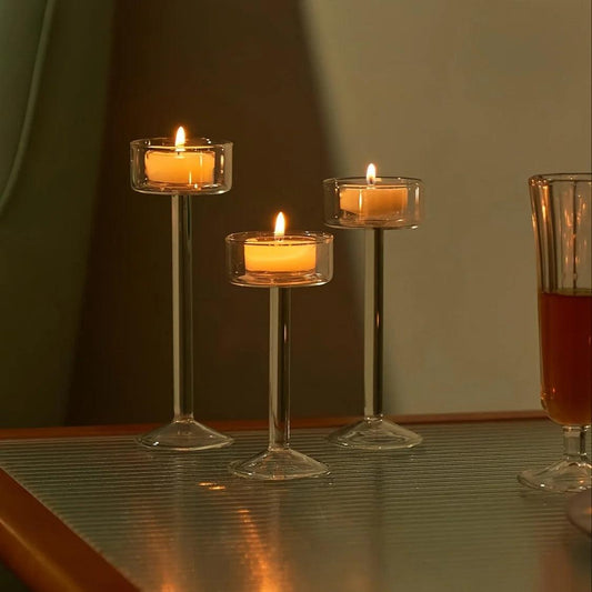 Minimal Glass Candlesticks Candle Holder Set │ Modern Nordic Transparent Tall Candle Stand - Besontique Home