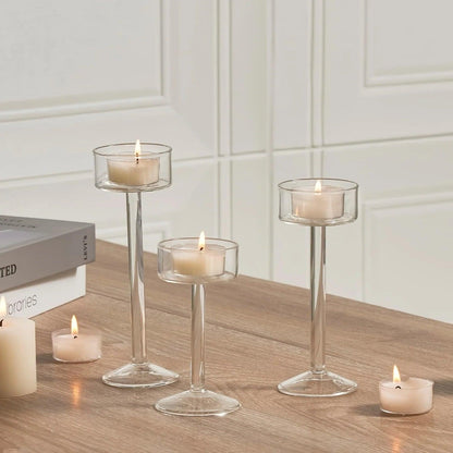Minimal Glass Candlesticks Candle Holder Set │ Modern Nordic Transparent Tall Candle Stand - Besontique Home