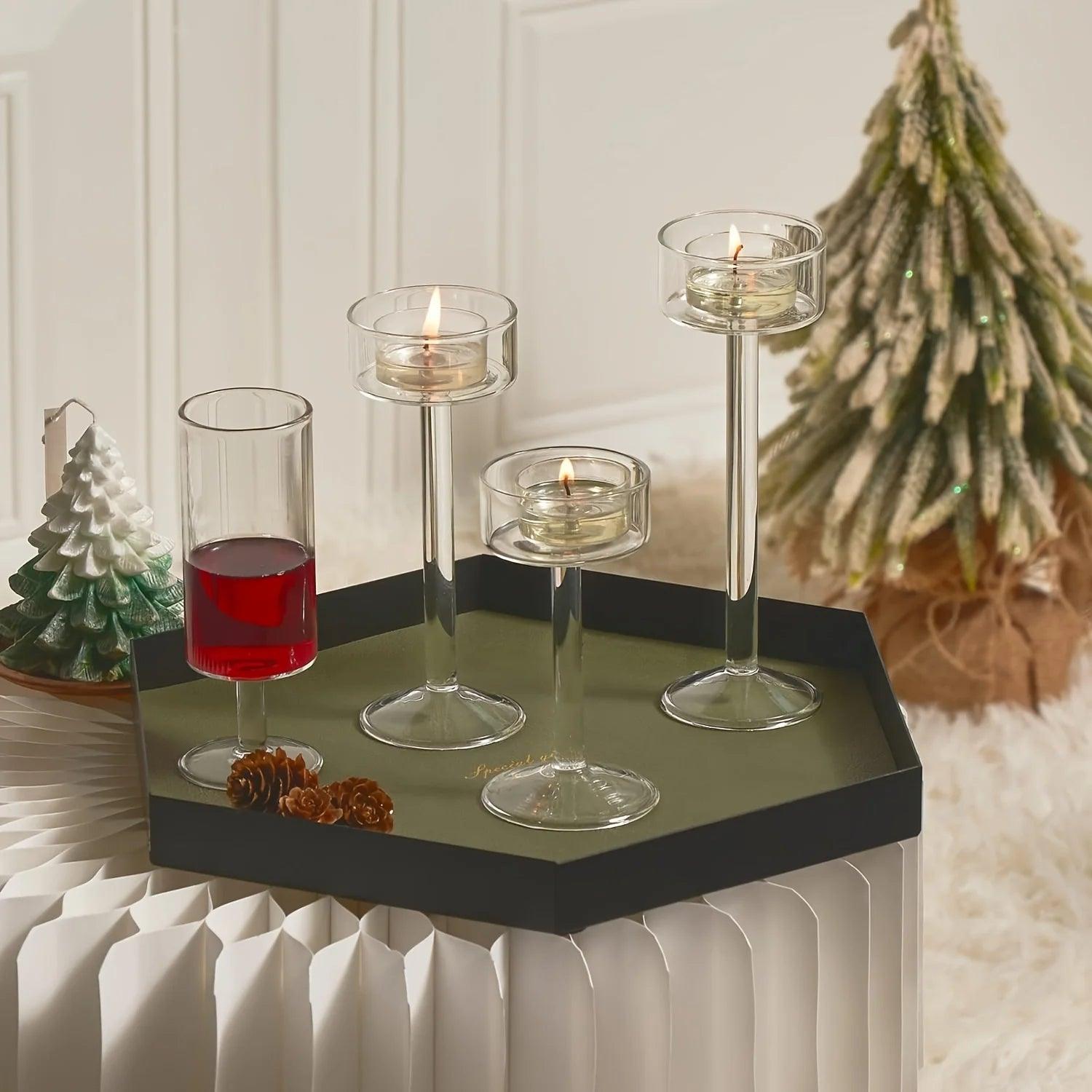 Minimal Glass Candlesticks Candle Holder Set │ Modern Nordic Transparent Tall Candle Stand - Besontique Home