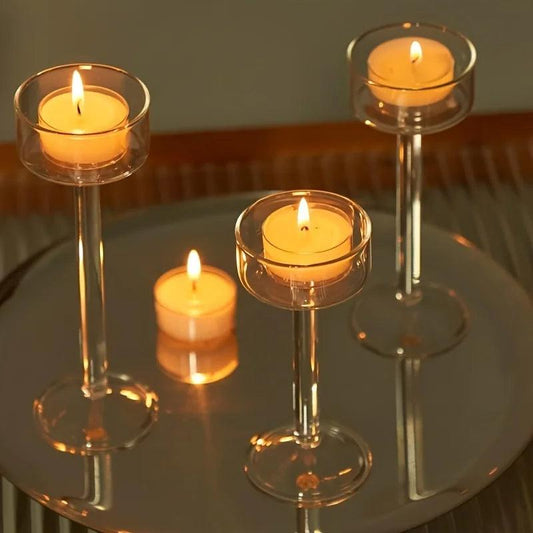 Minimal Glass Candlesticks Candle Holder Set │ Modern Nordic Transparent Tall Candle Stand - Besontique Home