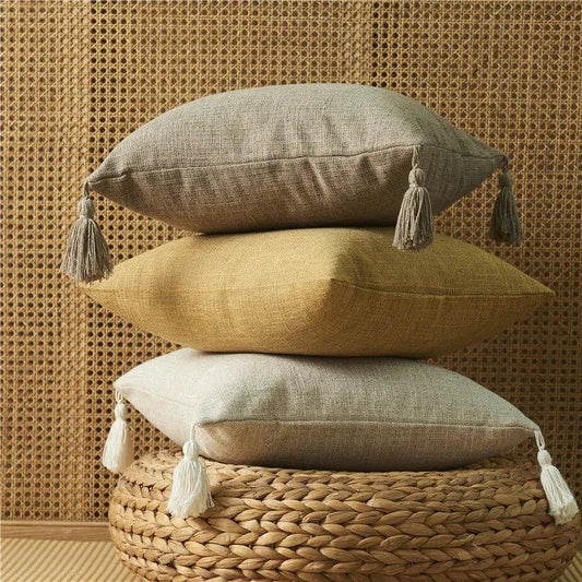 Minimal Linen Cushion Cover with Tassels │ Nordic Home Soft Decorative Pillowcase - Besontique Home