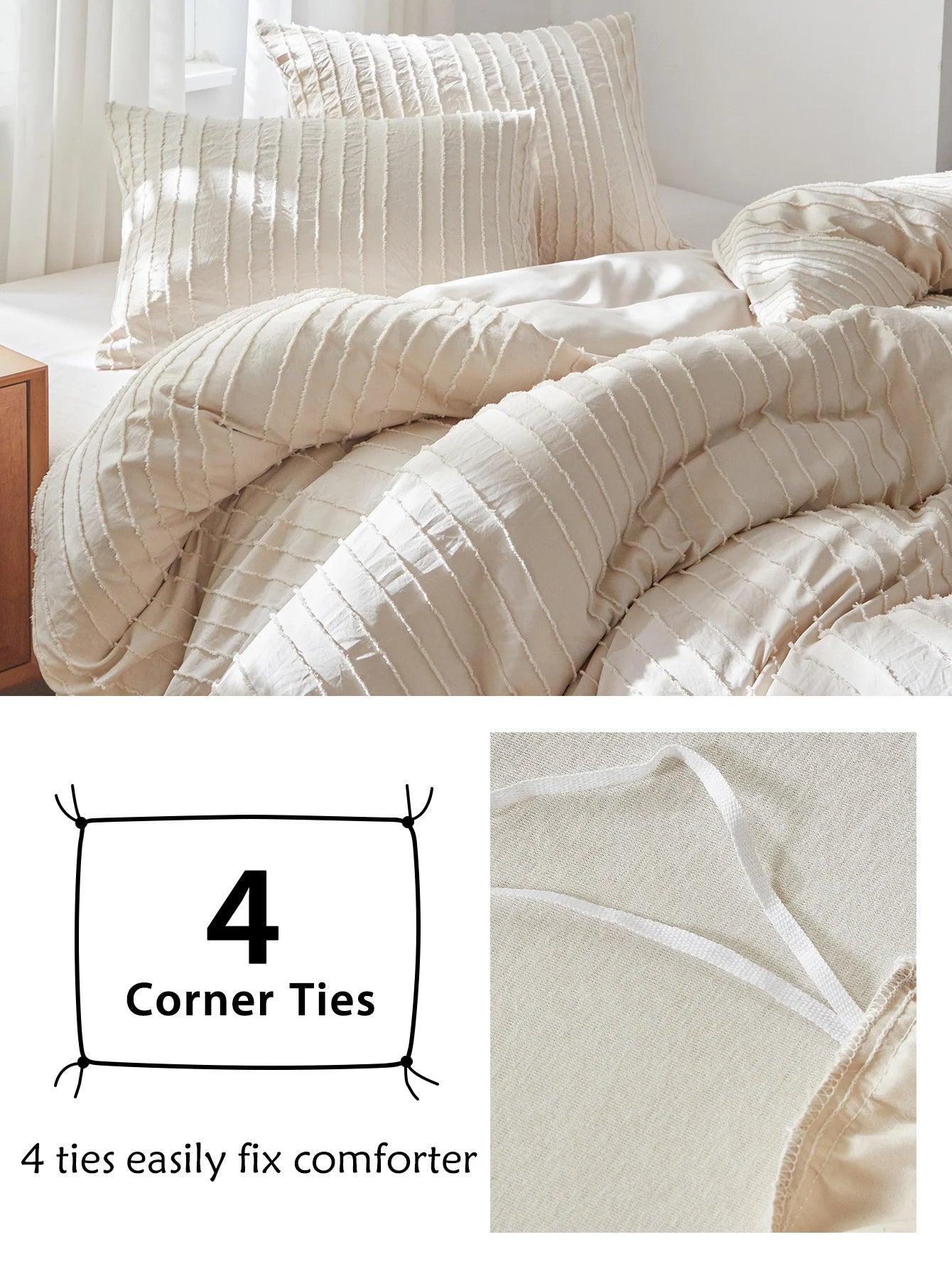 Minimal Whtie Beige Soft Tufted Bedding Set │ Modern Stripe Tuft Design Bed Duvet cover Pillow case - Besontique Home