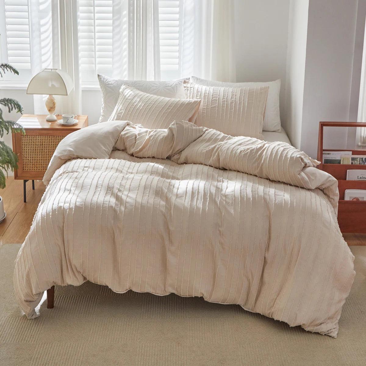 Minimal Whtie Beige Soft Tufted Bedding Set │ Modern Stripe Tuft Design Bed Duvet cover Pillow case - Besontique Home