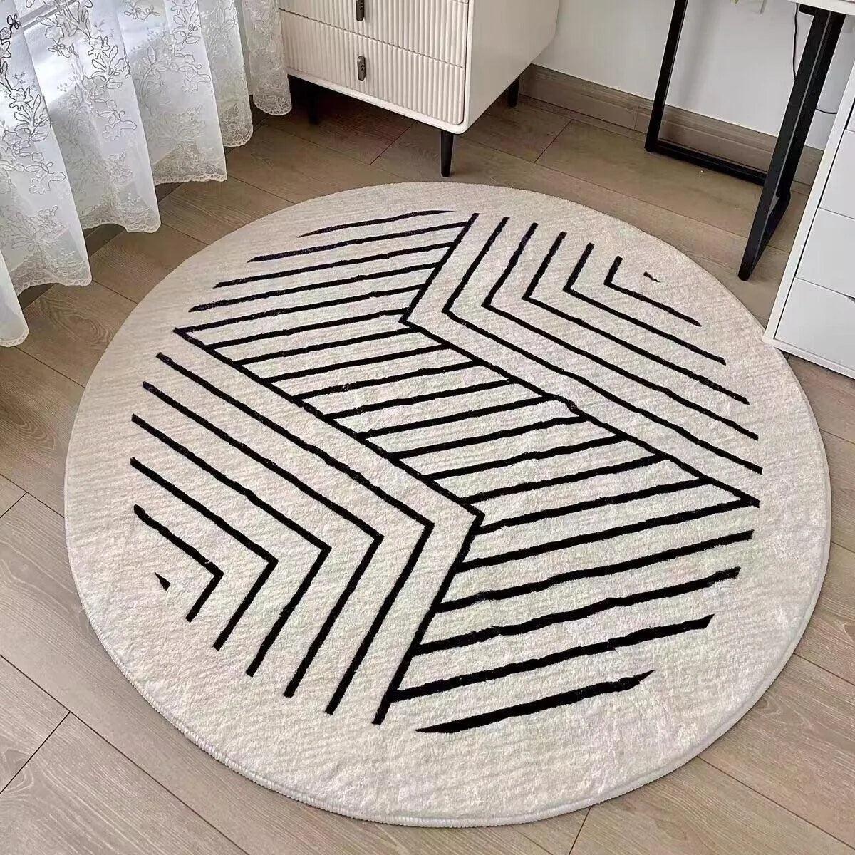 Minimalist Geometric Black Line Pattern Round Carpet │ Modern Home Large Area Plush Rugs - Besontique Home