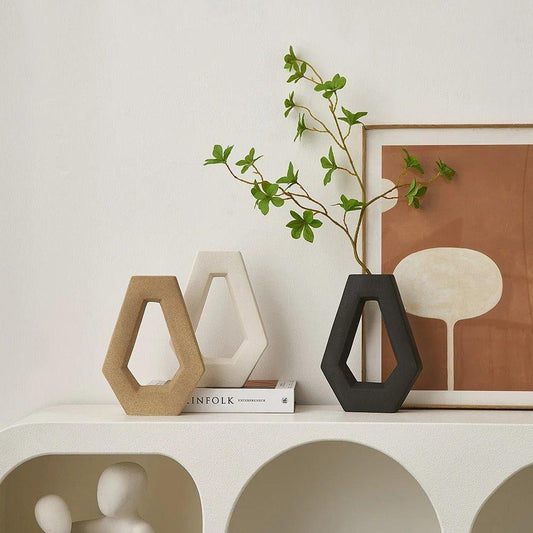 Modern Abstract Art Ceramic Vase │ Minimal Geometric Hexagonal Living Room Table Decoration Pot Set - Besontique