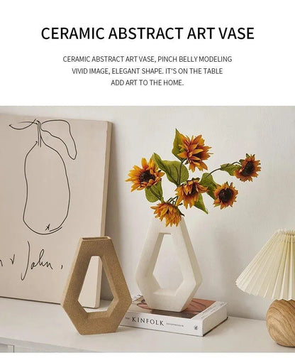 Modern Abstract Art Ceramic Vase │ Minimal Geometric Hexagonal Table Decor Pot Set - Besontique