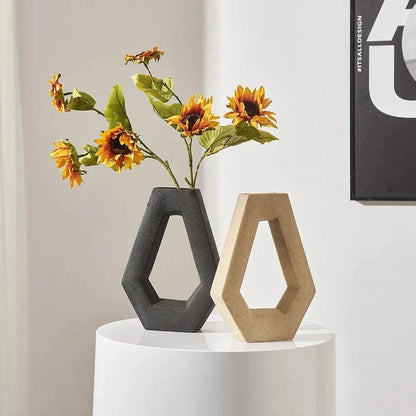 Modern Abstract Art Ceramic Vase │ Minimal Geometric Hexagonal Table Decor Pot Set - Besontique