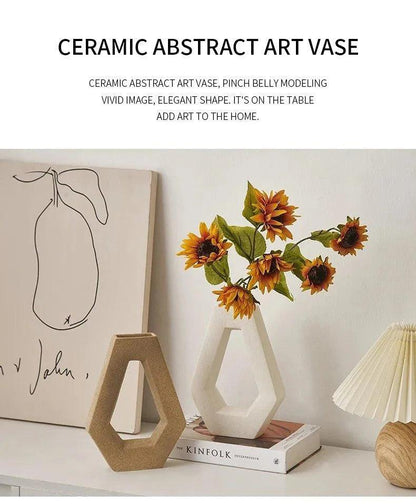 Modern Abstract Art Ceramic Vase │ Minimal Geometric Hexagonal Table Decor Pot Set - Besontique Home