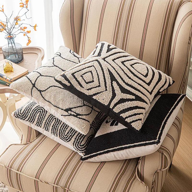 Modern Abstract Embroidered Cushion Cover │ Geometric Beige Black Tufted Throw Pillow Covers Decorative Pillowcase - Besontique Home