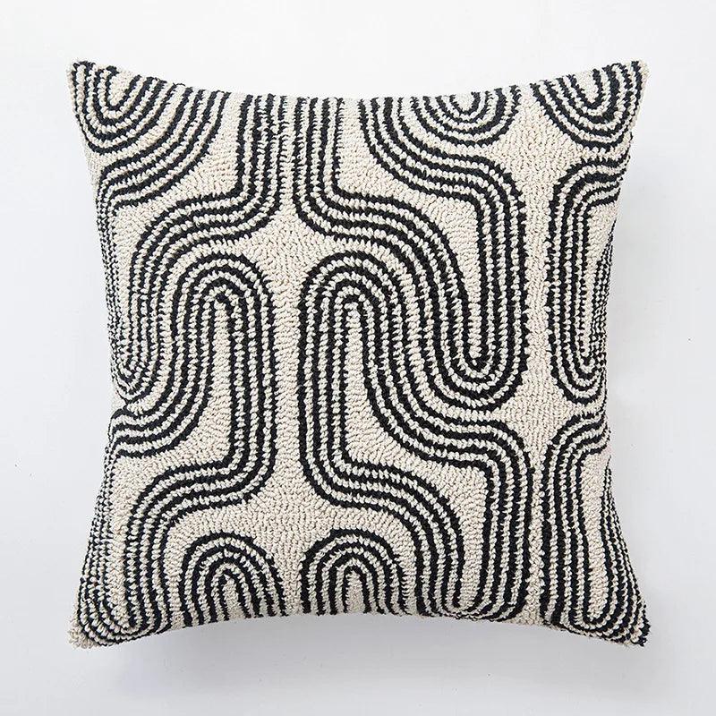 Modern Abstract Embroidered Cushion Cover │ Geometric Beige Black Tufted Throw Pillow Covers Decorative Pillowcase - Besontique Home