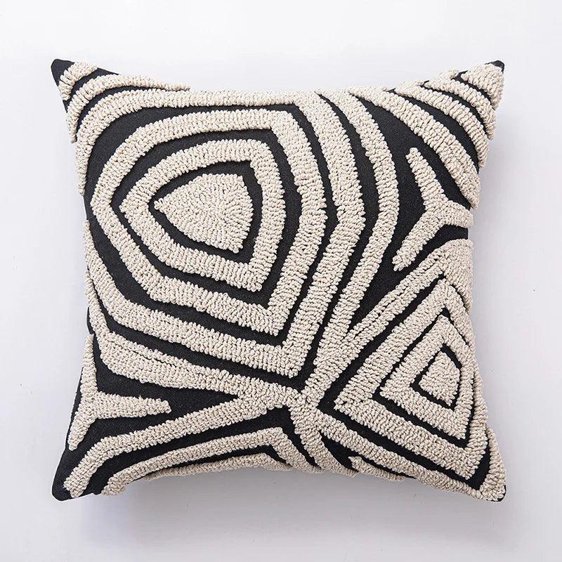 Modern Abstract Embroidered Cushion Cover │ Geometric Beige Black Tufted Throw Pillow Covers Decorative Pillowcase - Besontique Home