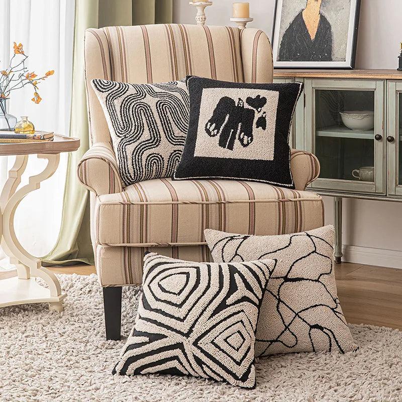 Modern Abstract Embroidered Cushion Cover │ Geometric Beige Black Tufted Throw Pillow Covers Decorative Pillowcase - Besontique Home