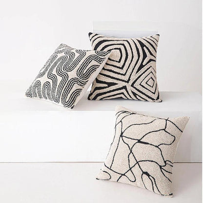 Modern Abstract Embroidered Cushion Cover │ Geometric Beige Black Tufted Throw Pillow Covers Decorative Pillowcase - Besontique Home