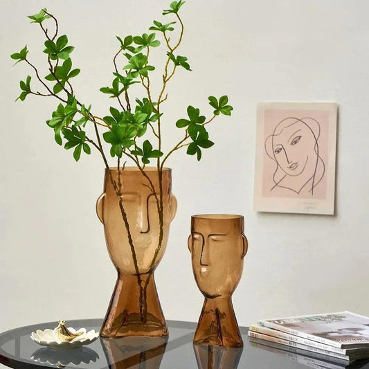 Modern Abstract Face Transparent Glass Flower Vase │ Minimal Art Home Terrarium for Table Decor - Besontique Home