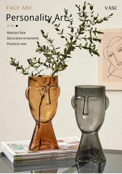 Modern Abstract Face Transparent Glass Flower Vase │ Minimal Art Home Terrarium for Table Decor - Besontique Home