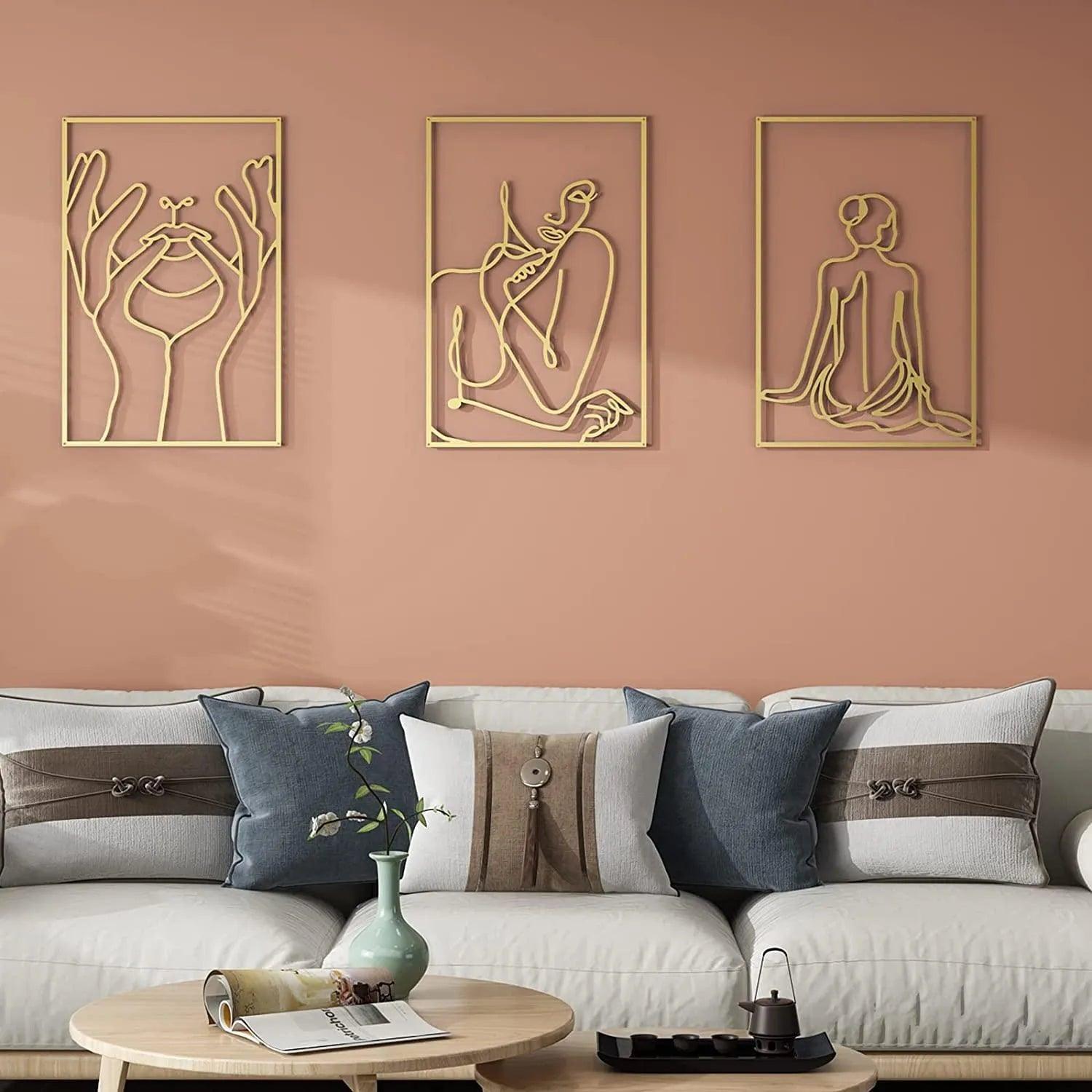 Modern Abstract Female Gold Line Silhouette Metal Art │ Nordic Woman Iron Wall Hanging Decor Ornament - Besontique Home