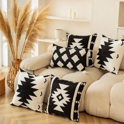 Modern Black & White Embroidered Cushion Cover │ Geometric Boho Decorative Pillowcase - Besontique