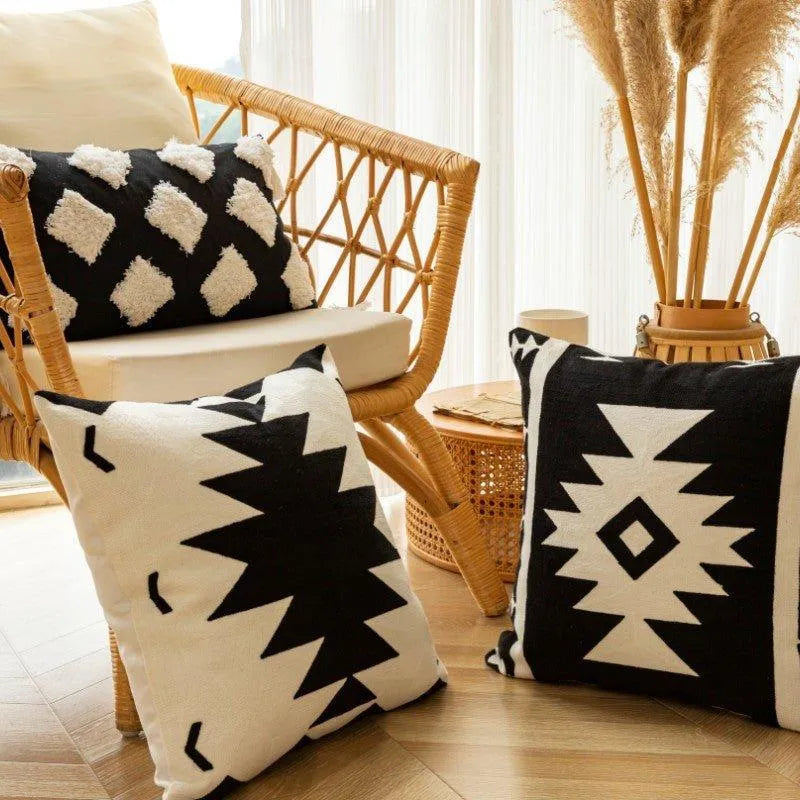 Modern Black & White Embroidered Cushion Cover │ Geometric Boho Decorative Pillowcase - Besontique