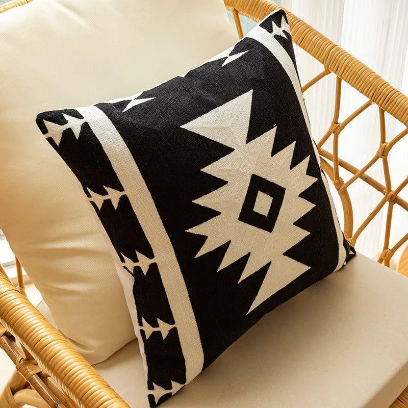 Modern Black & White Embroidered Cushion Cover │ Geometric Boho Decorative Pillowcase - Besontique