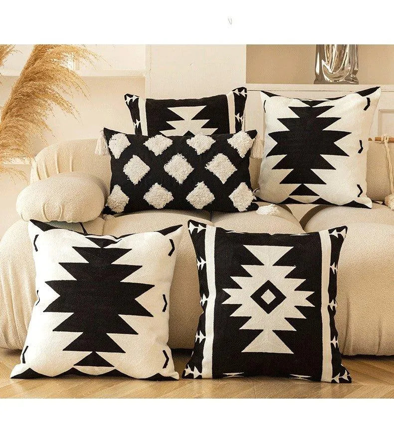 Modern Black & White Embroidered Cushion Cover │ Geometric Boho Decorative Pillowcase - Besontique