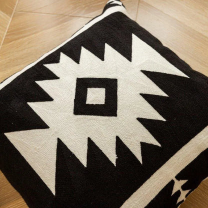 Modern Black & White Embroidered Cushion Cover │ Geometric Boho Decorative Pillowcase - Besontique