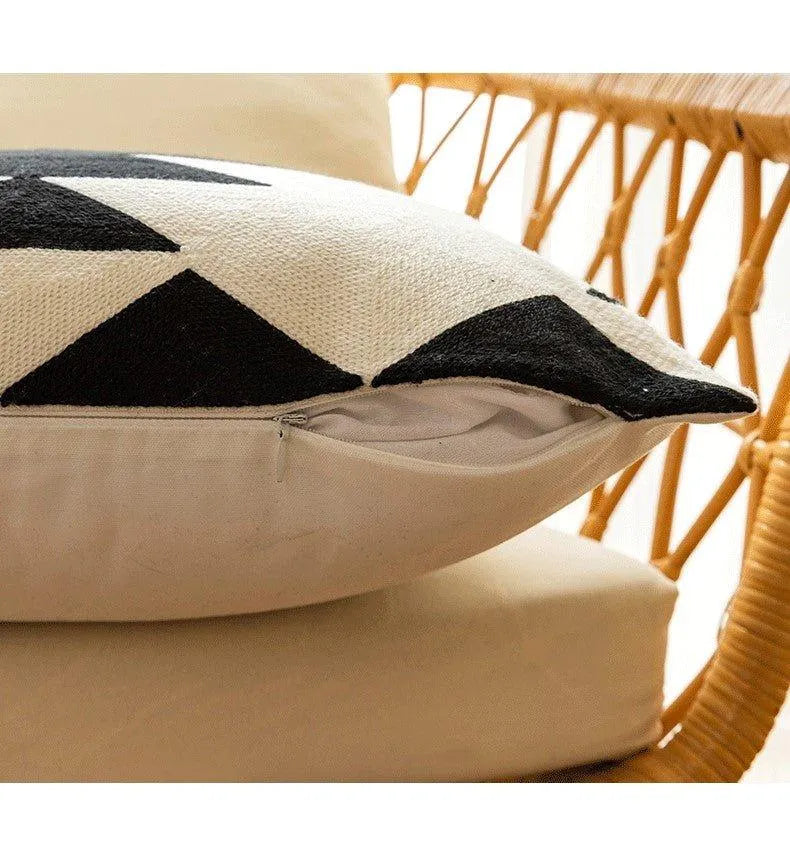 Modern Black & White Embroidered Cushion Cover │ Geometric Boho Decorative Pillowcase - Besontique