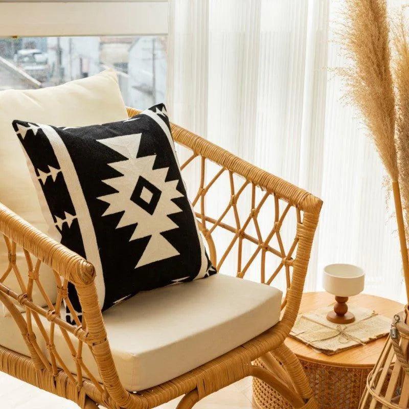 Modern Black & White Embroidered Cushion Cover │ Geometric Boho Decorative Pillowcase - Besontique Home