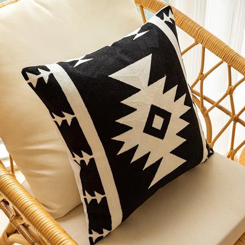 Modern Black & White Embroidered Cushion Cover │ Geometric Boho Decorative Pillowcase - Besontique Home