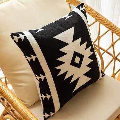 Modern Black & White Embroidered Cushion Cover │ Geometric Boho Decorative Pillowcase - Besontique Home
