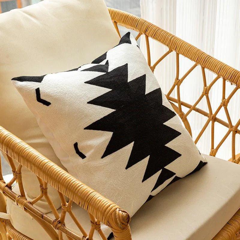 Modern Black & White Embroidered Cushion Cover │ Geometric Boho Decorative Pillowcase - Besontique Home