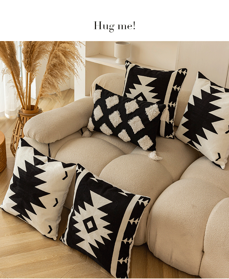 Modern Black & White Embroidered Cushion Cover │ Geometric Boho Decorative Pillowcase - Besontique Home