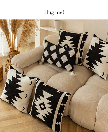 Modern Black & White Embroidered Cushion Cover │ Geometric Boho Decorative Pillowcase - Besontique Home