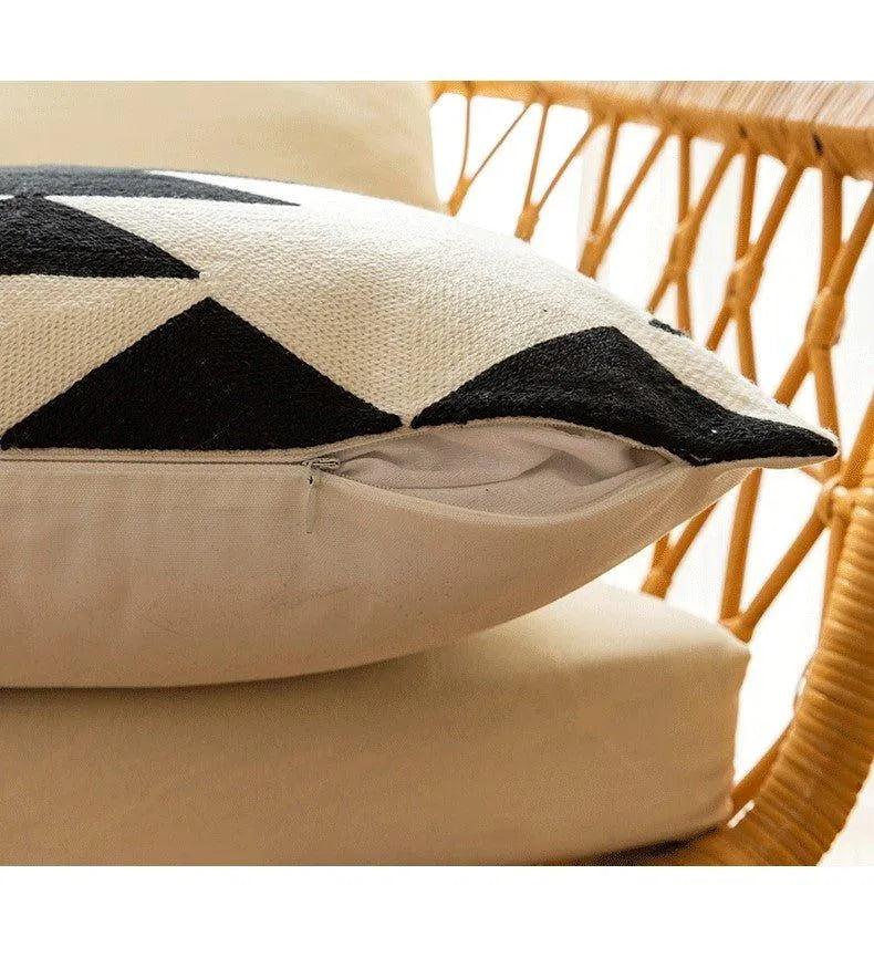 Modern Black & White Embroidered Cushion Cover │ Geometric Boho Decorative Pillowcase - Besontique Home