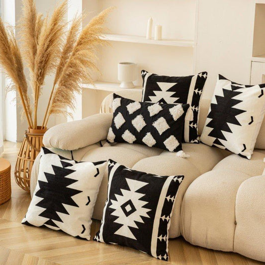 Modern Black & White Embroidered Cushion Cover │ Geometric Boho Decorative Pillowcase │ For Bed Sofa Couch - Besontique