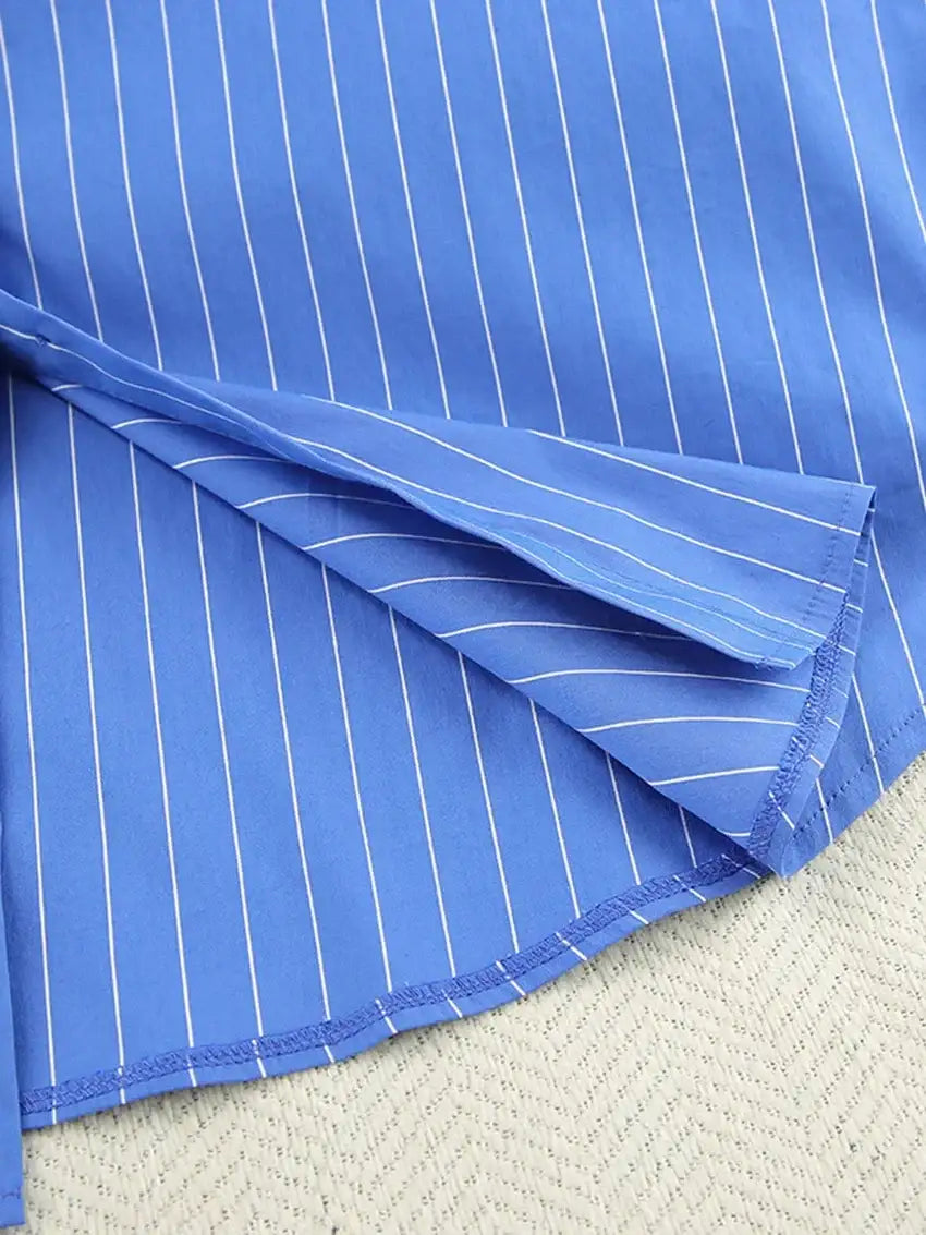 Modern Blue White Striped Cotton Long Sleeve Suit 2 Piece Set │Homewear - Besontique Home