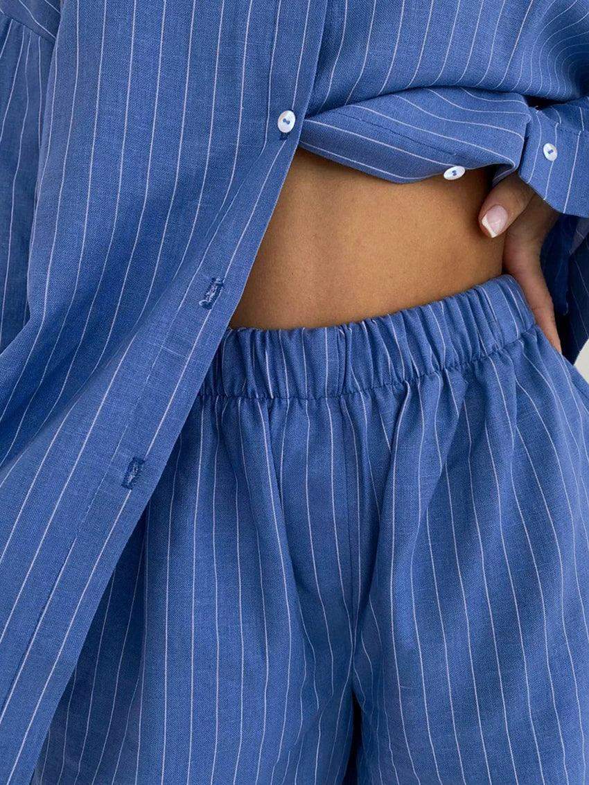 Modern Blue White Striped Cotton Long Sleeve Suit 2 Piece Set │Homewear - Besontique Home