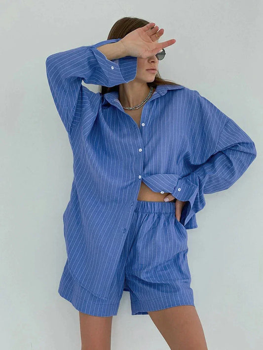 Modern Blue White Striped Cotton Long Sleeve Suit 2 Piece Set │Homewear - Besontique Home