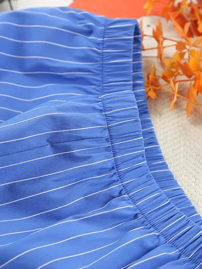 Modern Blue White Striped Cotton Long Sleeve Suit 2 Piece Set │Homewear - Besontique Home