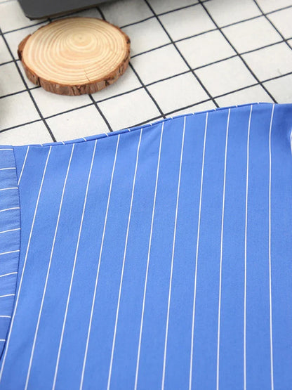Modern Blue White Striped Cotton Long Sleeve Suit 2 Piece Set │Homewear - Besontique Home