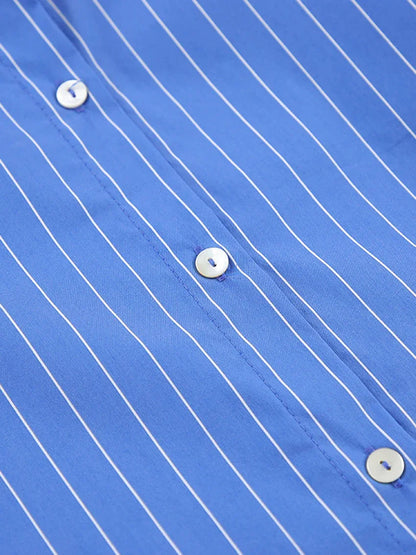 Modern Blue White Striped Cotton Long Sleeve Suit 2 Piece Set │Homewear - Besontique Home