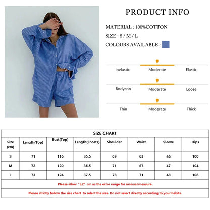 Modern Blue White Striped Cotton Long Sleeve Suit 2 Piece Set │Homewear - Besontique Home