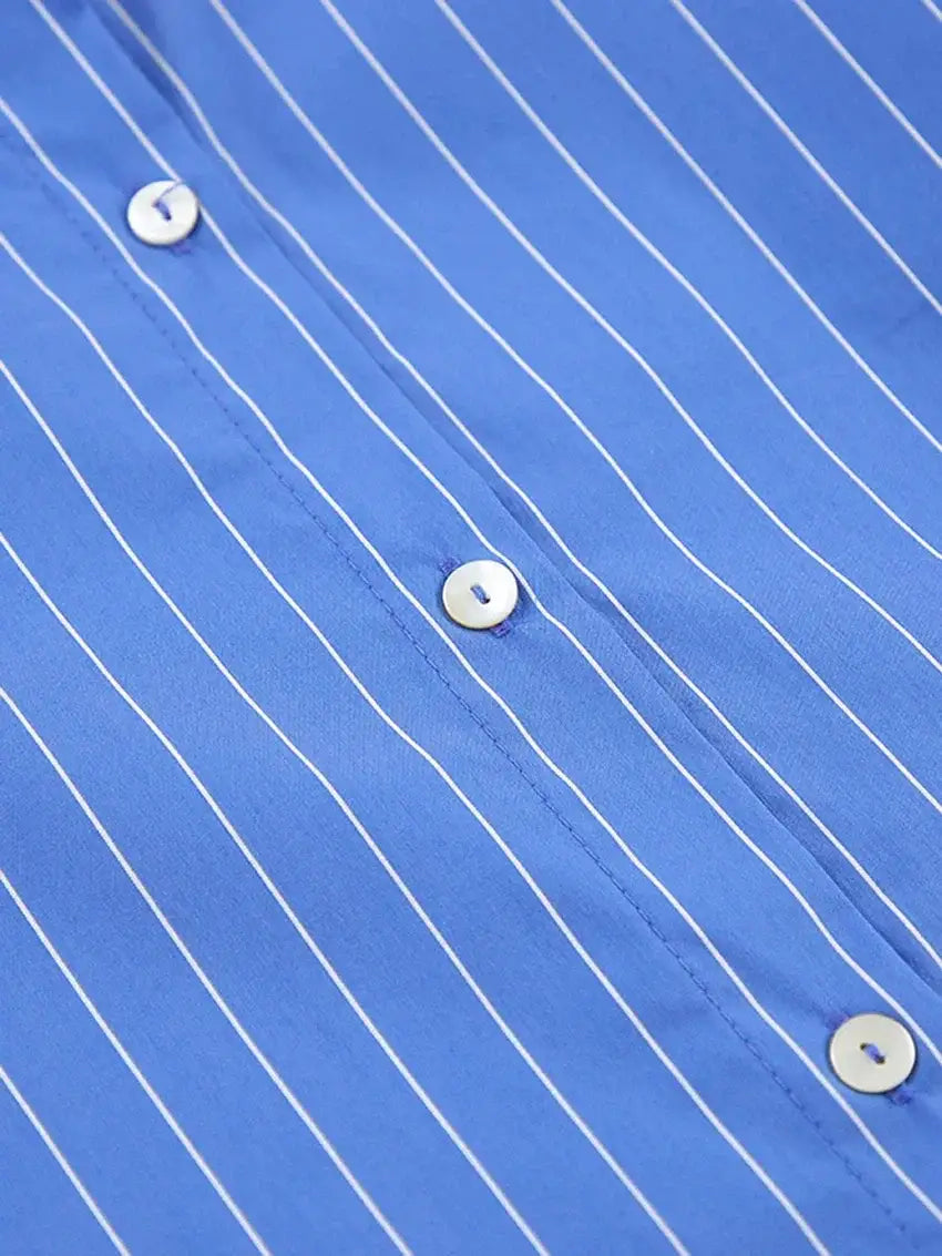 Modern Blue White Striped Cotton Long Sleeve Suit 2 Piece Set │Homewear - Besontique Home
