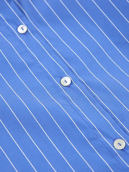 Modern Blue White Striped Cotton Long Sleeve Suit 2 Piece Set │Homewear - Besontique Home